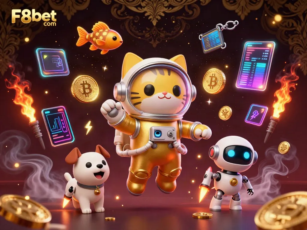 Engage with F8bet com while exploring rich 3D digital illustrations of space cats and crypto elements in a vibrant casino scene.
