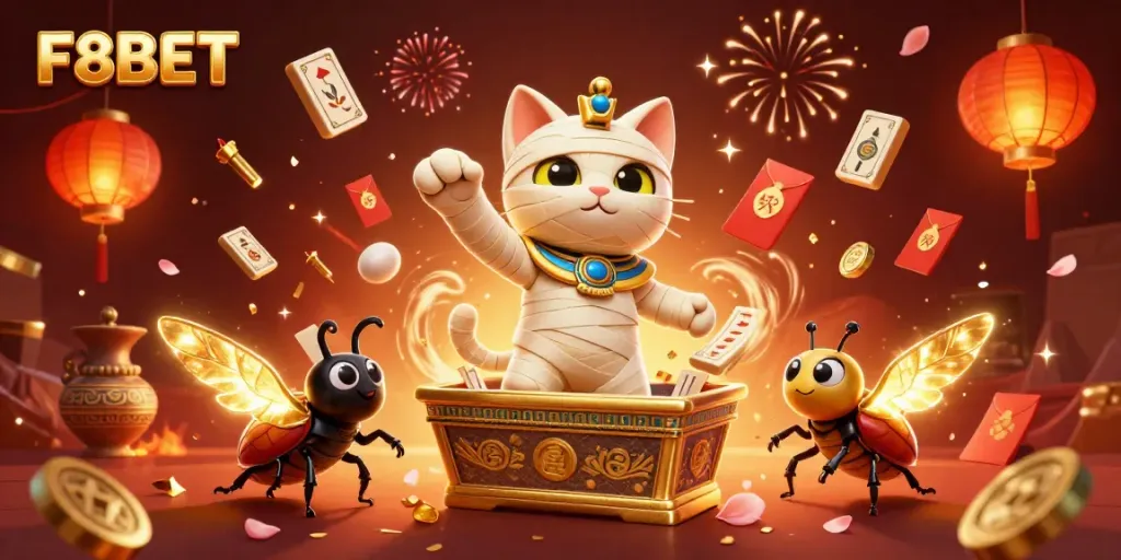Experience the vibrant world of F8BET with an Egyptian mummy cat in a casino scene.