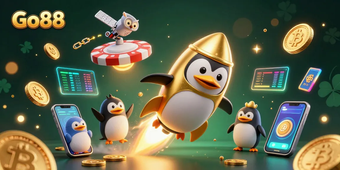 Experience Go88 with a thrilling 3D journey through space as a golden penguin captures riches in a vibrant virtual casino.