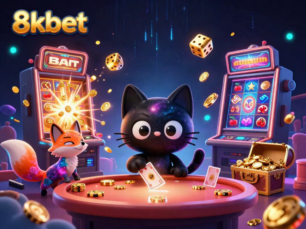 Engaging illustration of 8kbet's galaxy-themed casino, showcasing vibrant characters and dynamic gameplay elements.