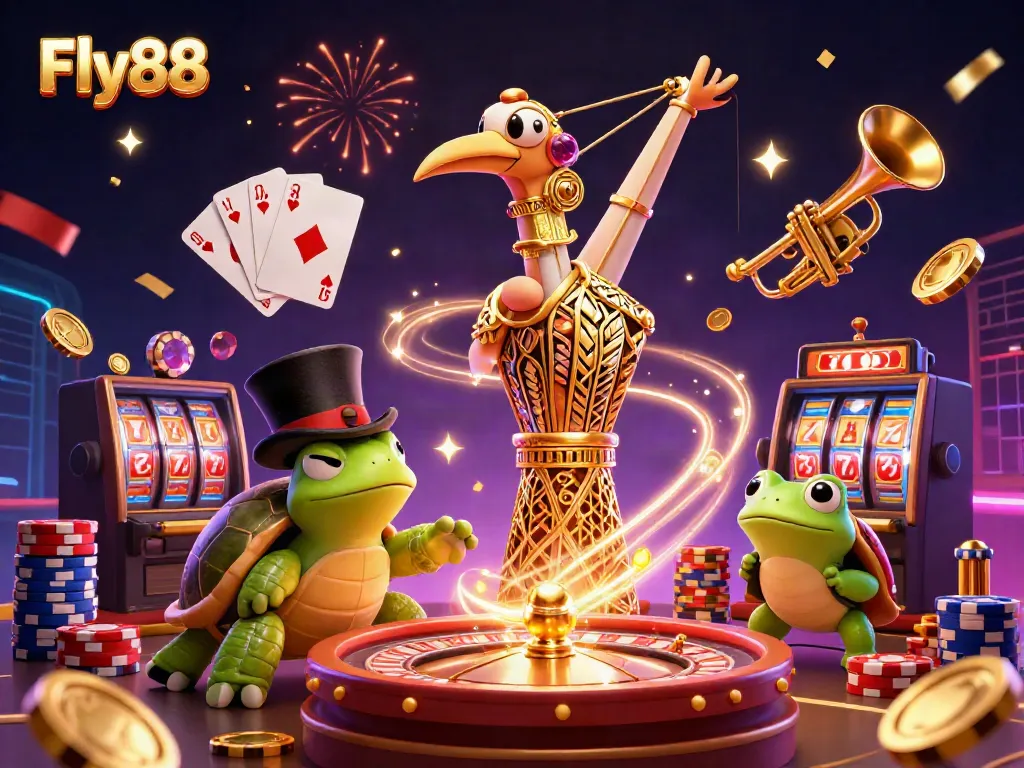 Experience Fly88's vibrant online casino scene with lively characters and sparkling game elements.