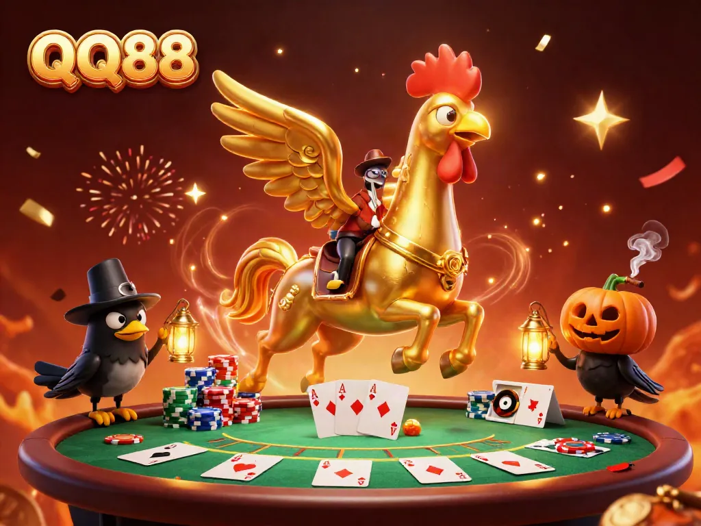 Experience the excitement of QQ88 with a golden rooster and friends at a vibrant casino!