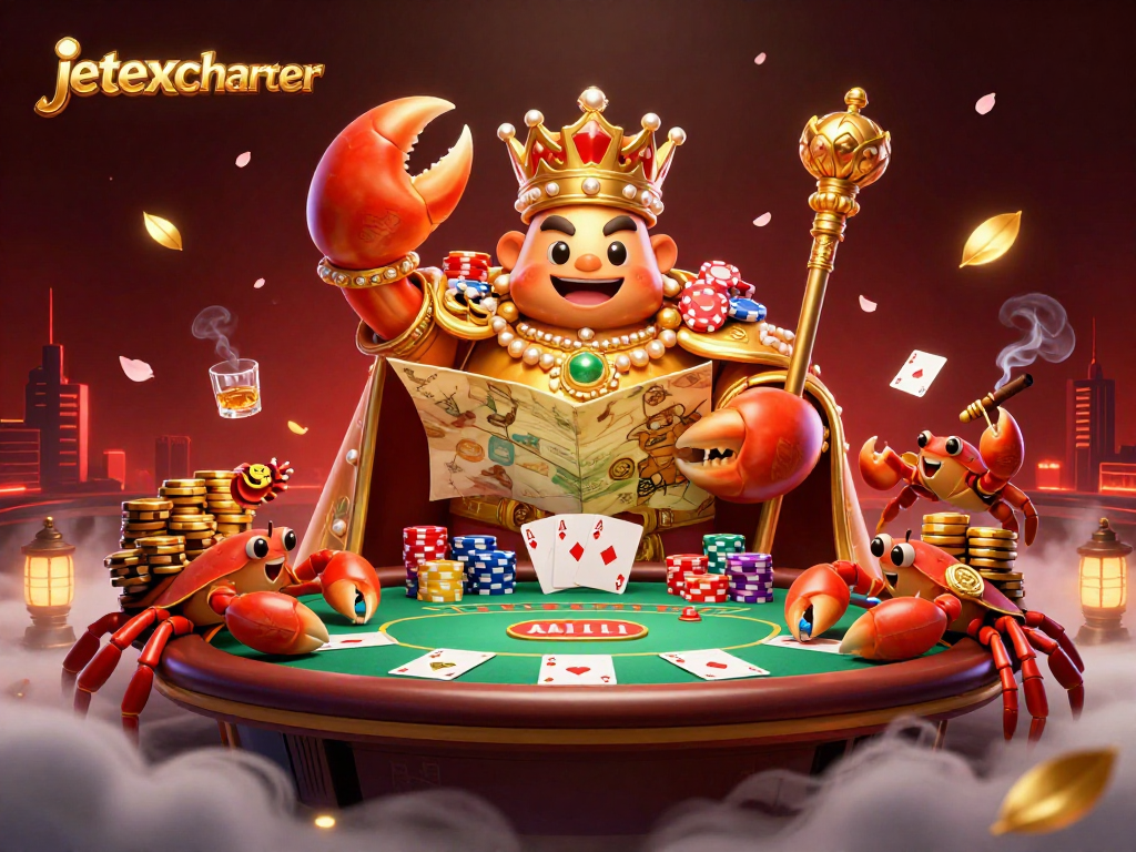 Experience thrilling gaming action with jetexcharter featuring a majestic crab emperor surrounded by poker elements.