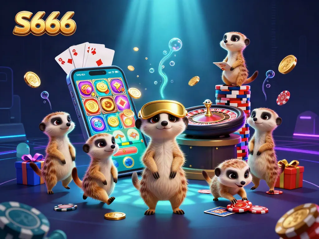 S666 meerkats running a lively casino operation with vibrant game elements in a dynamic 3D scene.