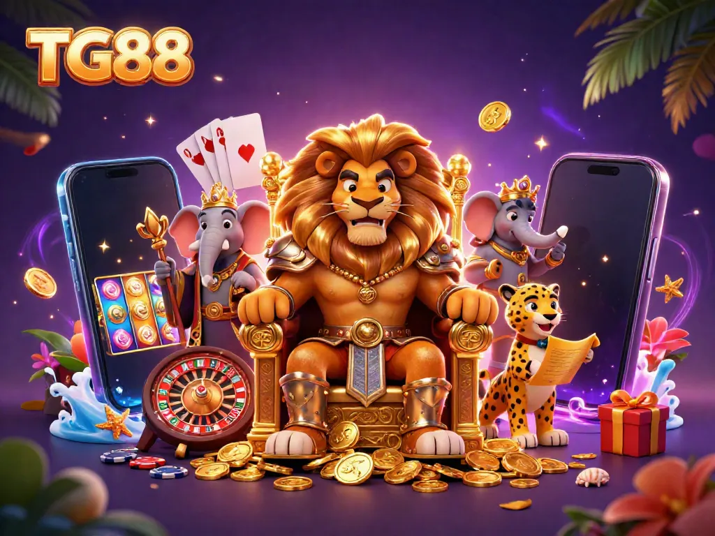 Engage with TG88's online gaming excitement through a 3D illustration of a lion king and vibrant gambling elements.