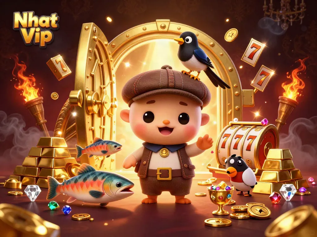 Nhat Vip shows cartoon Nessie and friends in a gold-rich casino world, enticing gamers with vibrant visuals.