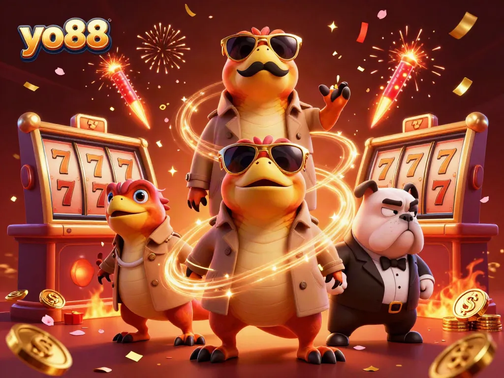 Experience the excitement of yo88 with dynamic gaming action featuring slot reels and festive decorations.
