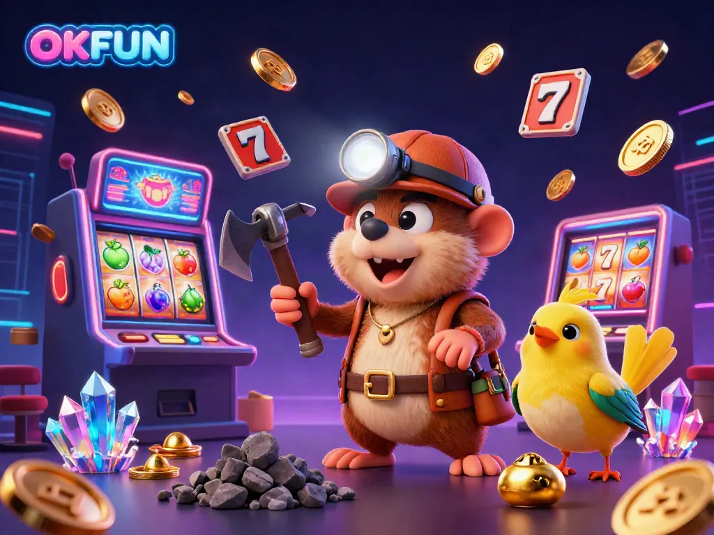 Experience the excitement of OKFUN's vibrant casino, showcasing the treasure hunter mole amidst dynamic slot machines and glowing jackpots.