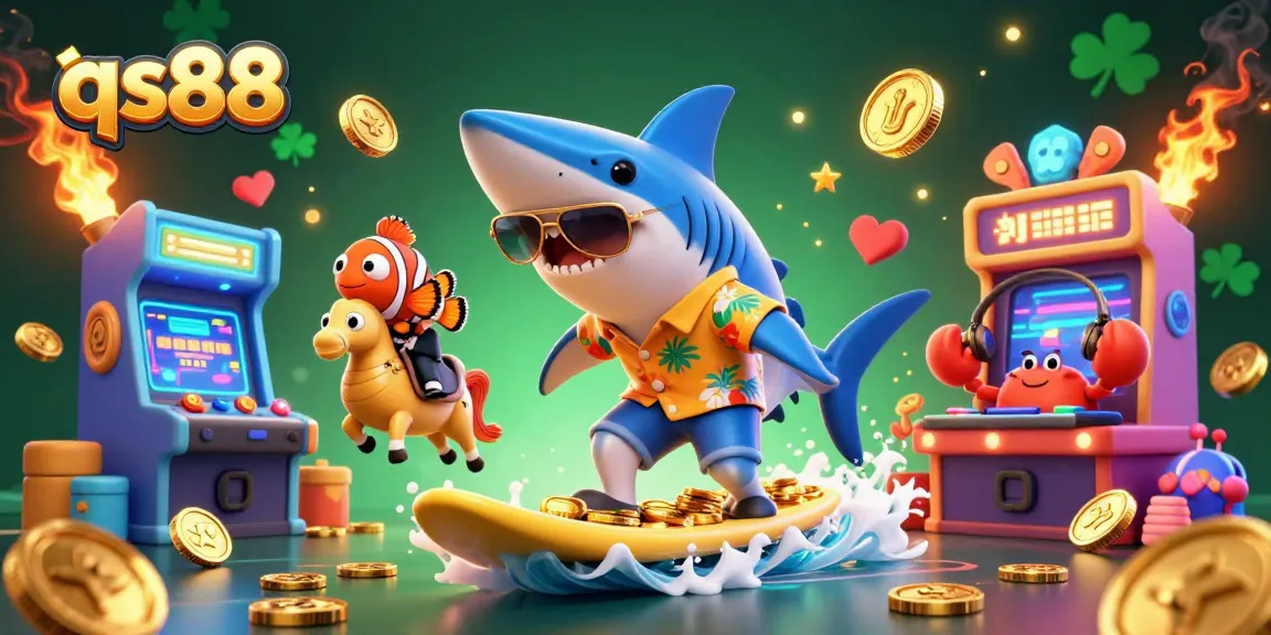 Join the excitement at qs88 with a colorful casino-themed illustration featuring a playful shark and friends.