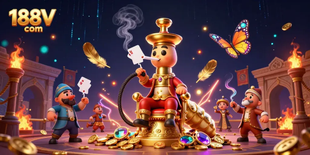 Experience exciting gameplay at 188V com with a vibrant scene of casino action featuring a hookah-master and dynamic decorations.