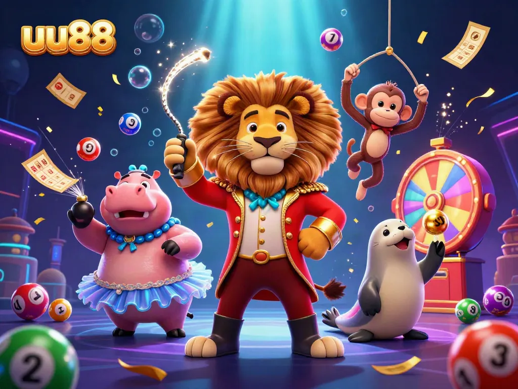 Spin to win with uu88 in a vibrant circus-themed casino illustration packed with lottery elements.
