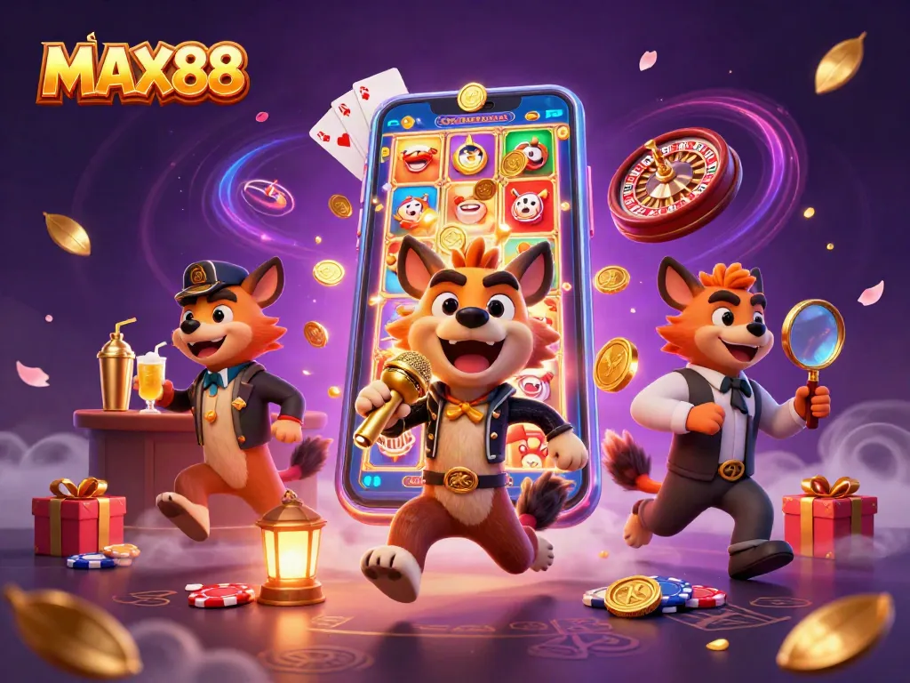 MAX88 showcases lively hyenas engaging in casino fun, highlighting a vibrant atmosphere.