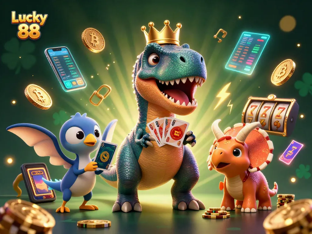 Engage with Lucky 88's vibrant slots scene featuring a playful T-Rex shuffling cards, surrounded by digital gaming elements.