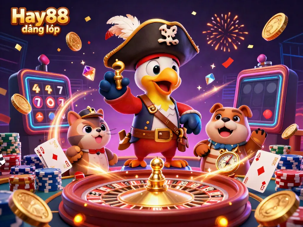 Experience the excitement of Hay88 đăng nhập with vibrant casino action, showcasing a pirate captain and animated gaming elements.