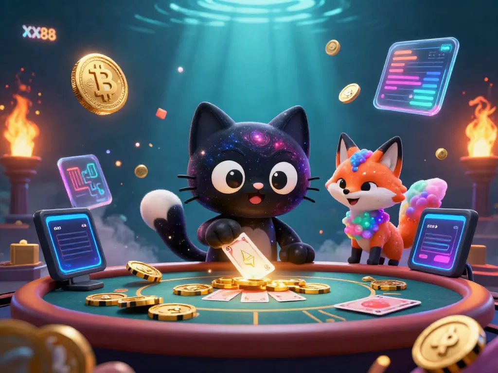 Experience the cosmic energy of XX88 at a vibrant casino table with the charming black hole cat and nebula fox.