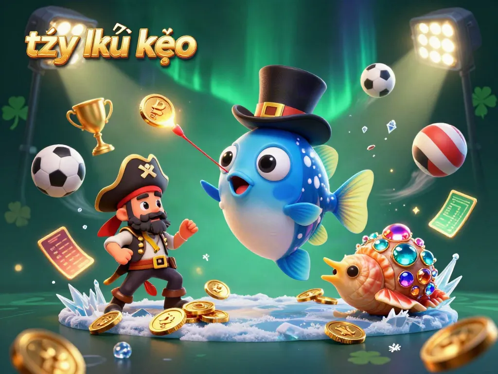 Engage in tỷ lệ kèo analysis with a vibrant scene of fish characters and dynamic sports elements.