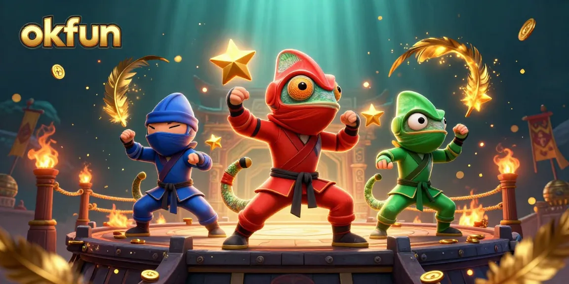 Engage in thrilling gaming action at okfun with vibrant 3D ninja chameleons battling among casino riches.