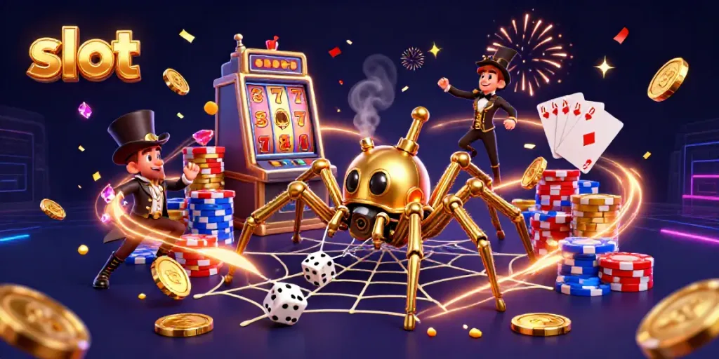 Slot mesin berkilau dengan simbol keberuntungan, dikelilingi koin emas dan efek kembang api.