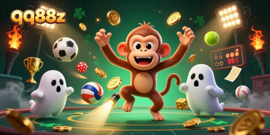 Experience the thrill of qq88z casino with a playful poltergeist monkey juggling golden gaming treasures.