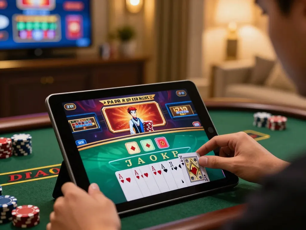 vipwin player enjoying live dealer blackjack on tablet, vibrant online casino atmosphere with warm lighting