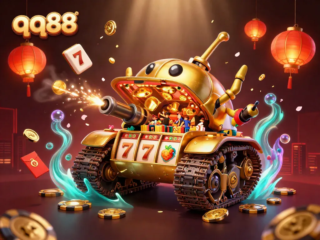 Engage with the qq88 gaming experience in this vibrant 3D illustration of a miniature casino scene.
