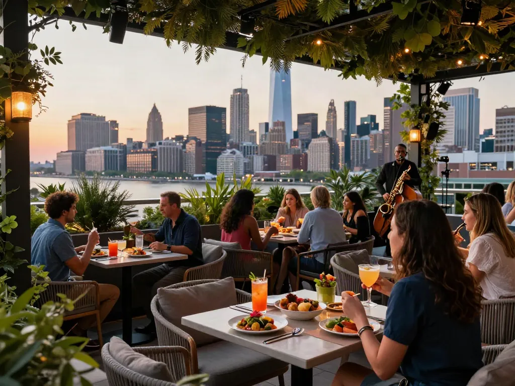 Guests dining and enjoying drinks at NoHu Rooftop Bar with NYC skyline views.