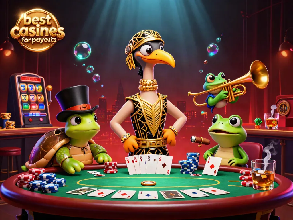 Dynamic scene with charming characters, celebrating the best online casinos for payouts amidst vibrant gambling elements.