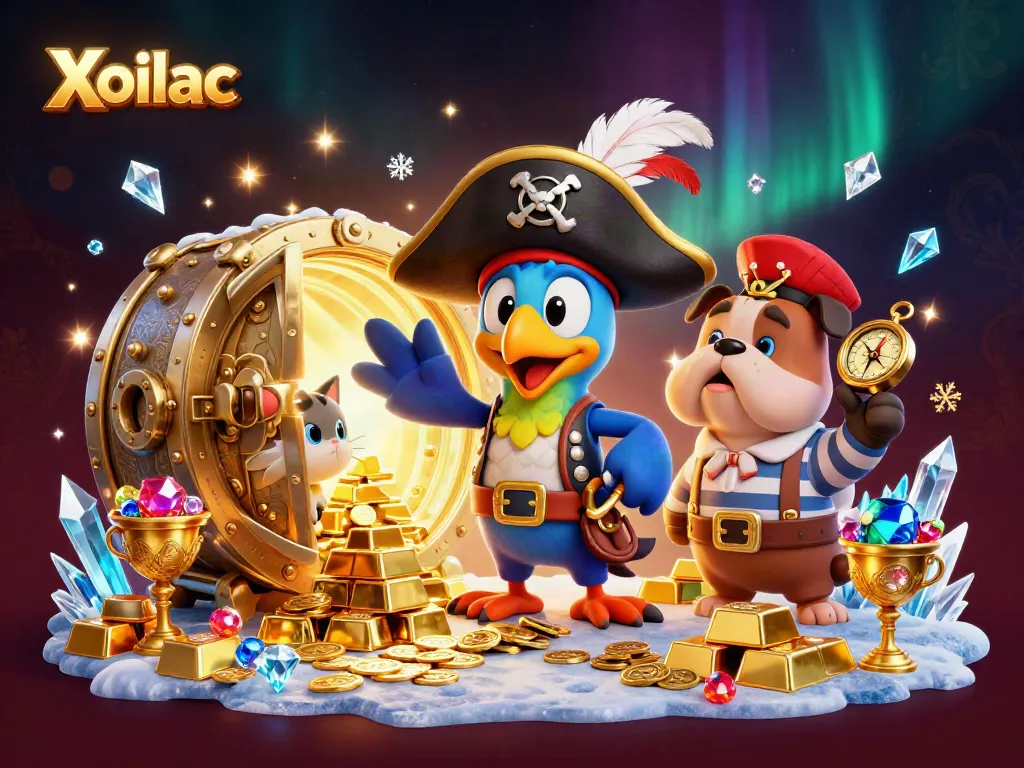 Xoilac illustrates an exciting casino scene with pirate-themed characters arranging treasures and gold.