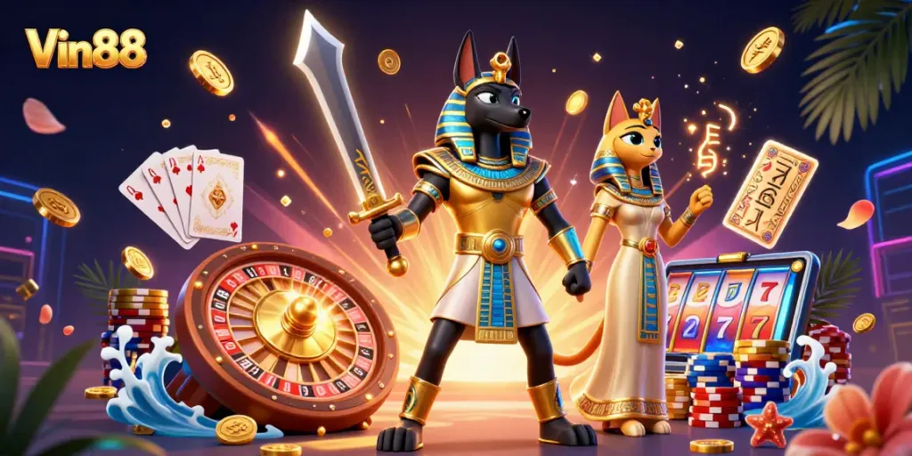 Spin to win at Vin88 with an action-packed casino adventure featuring vibrant game elements and characters.