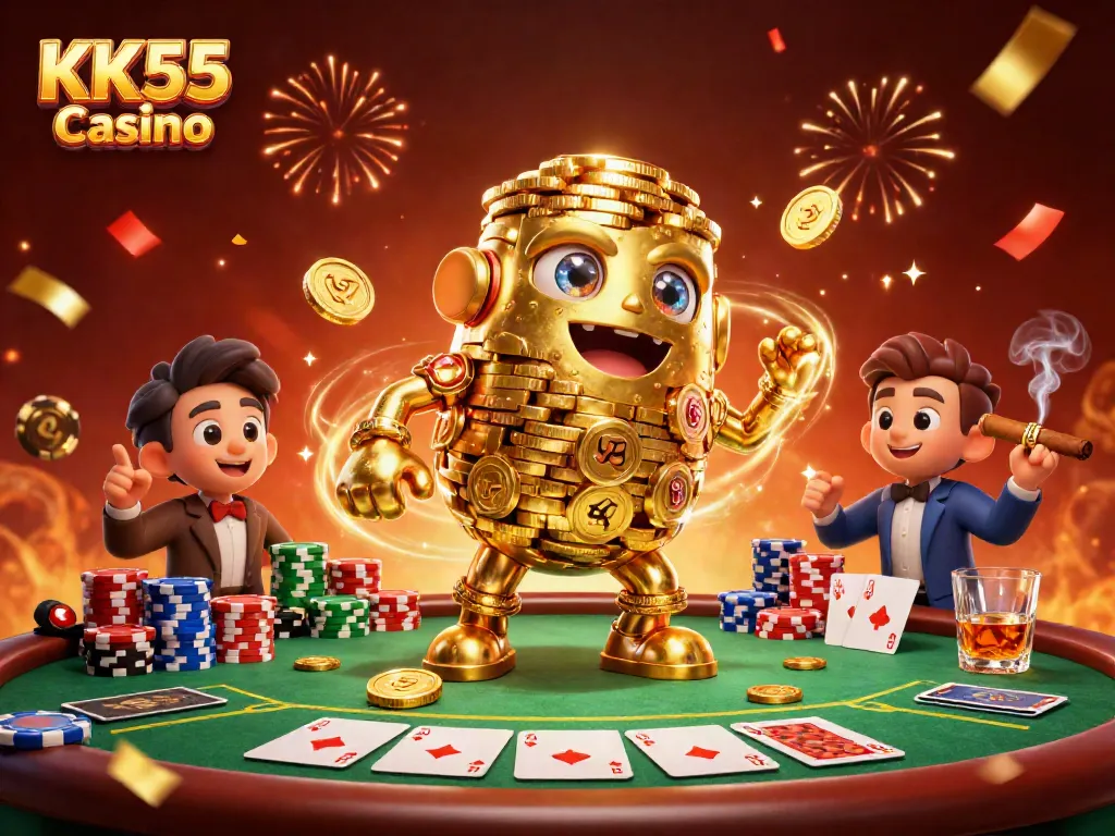 Engage with the thrilling world of KK55 Casino featuring a golden golem and dynamic poker elements amazing players.