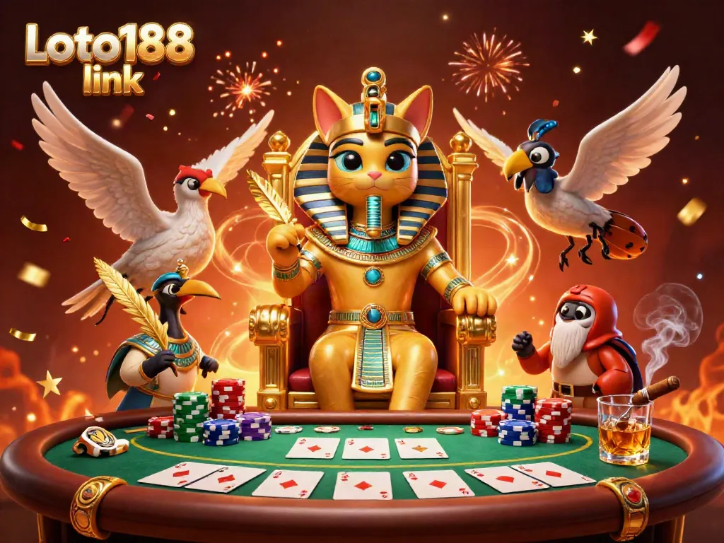 Experience the excitement of gaming at Loto188 link with dynamic 3D characters, poker elements, and celebratory atmosphere.
