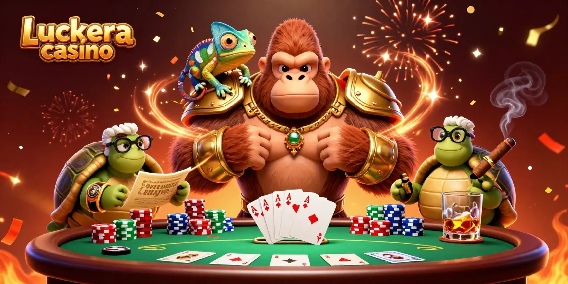 Engage in the thrilling Luckera casino experience with animated characters showcasing vibrant casino elements.