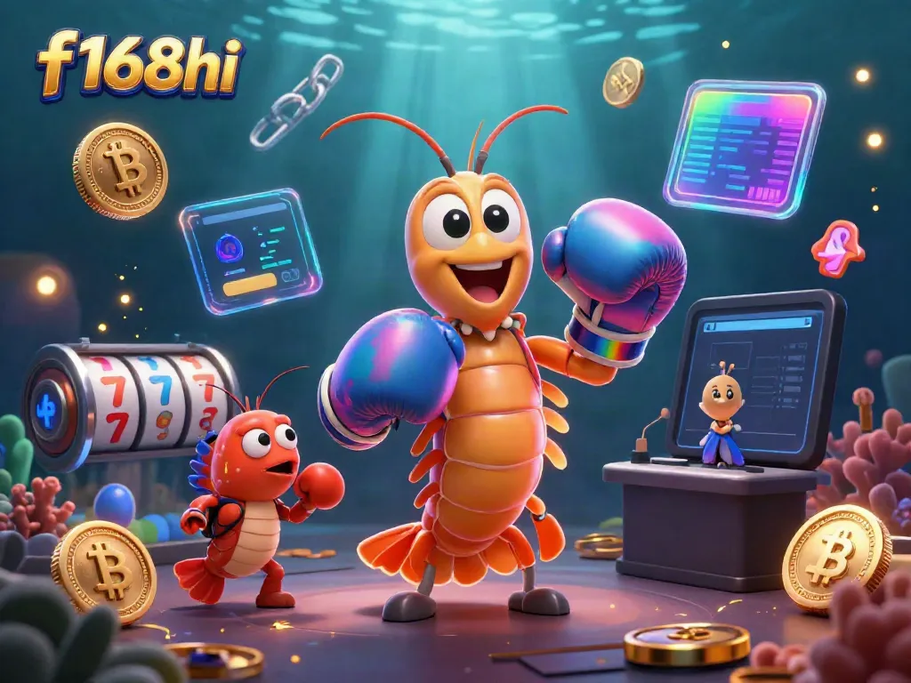 Engage in vibrant casino action with f168hi's colorful 3D shrimp characters amid dazzling crypto elements.