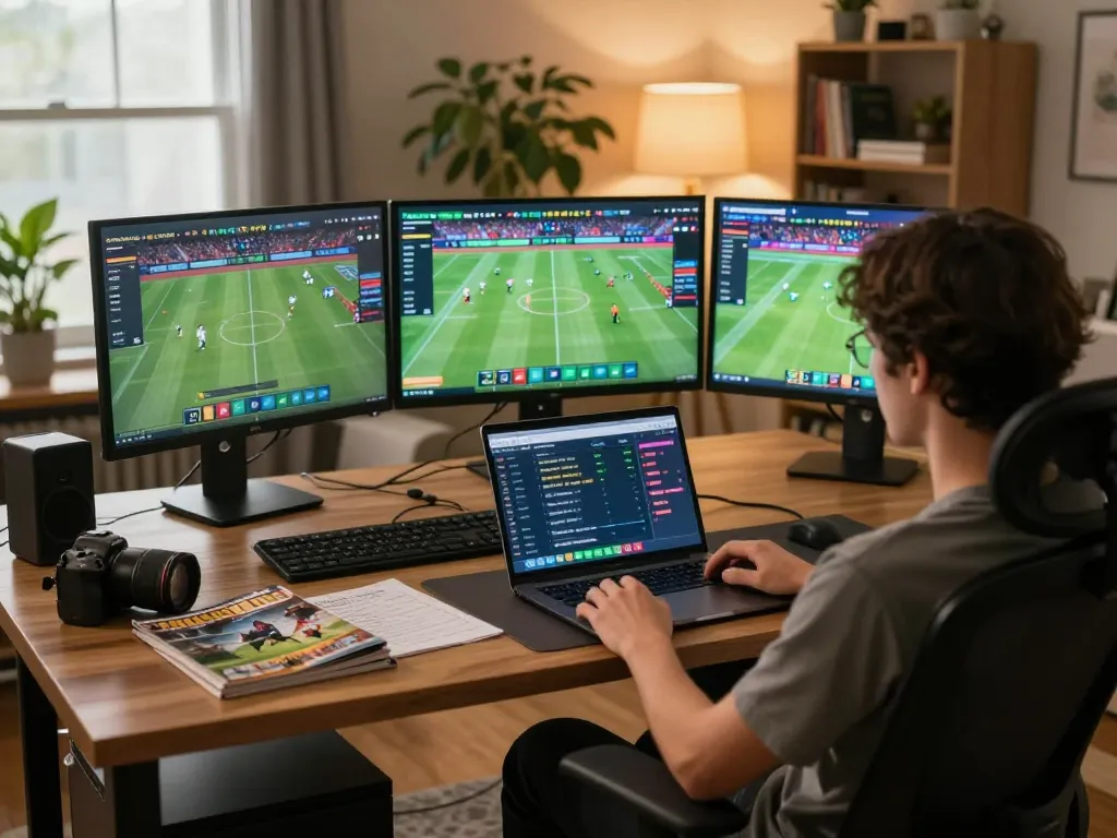 Engaging sports betting setup featuring sunwin on laptop, comfortable home office ambiance with warm lighting.