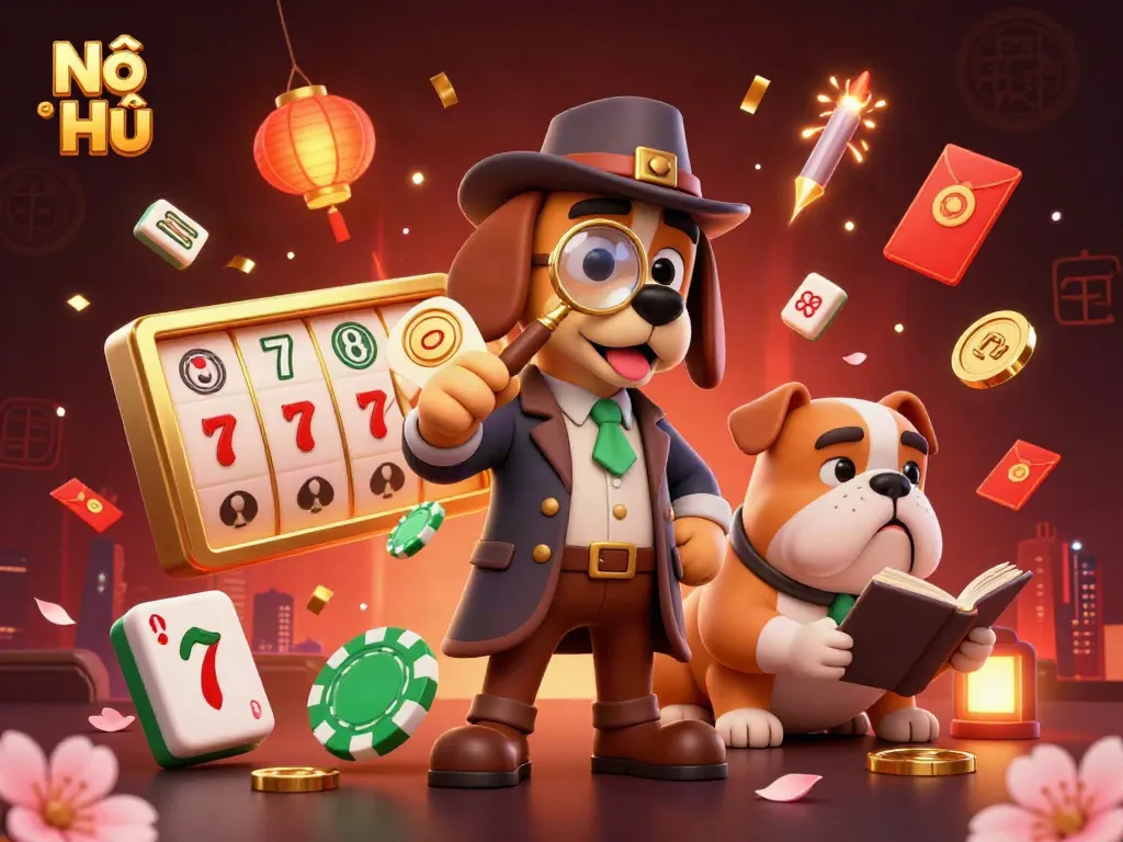 Experience the thrill of Nổ Hũ with a whimsical 3D detective uncovering jackpot clues in a vibrant casino scene.