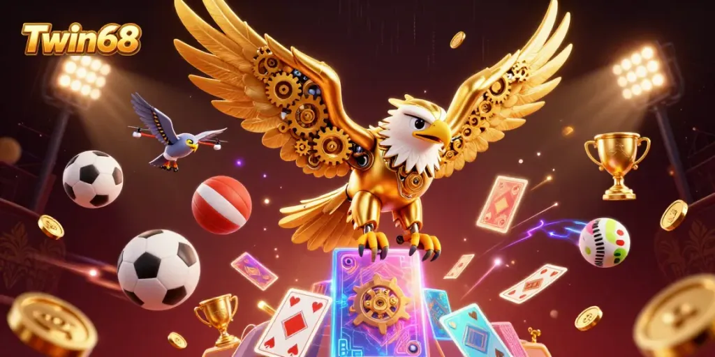 Twin68 showcases a vibrant online casino experience with dynamic gaming elements and a cybernetic eagle illustration.