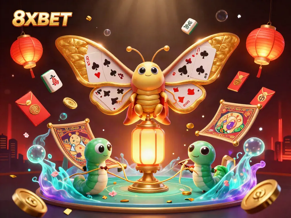 Experience the thrill of winning at 8XBET with vibrant casino scenes, lucky symbols, and golden treasures.