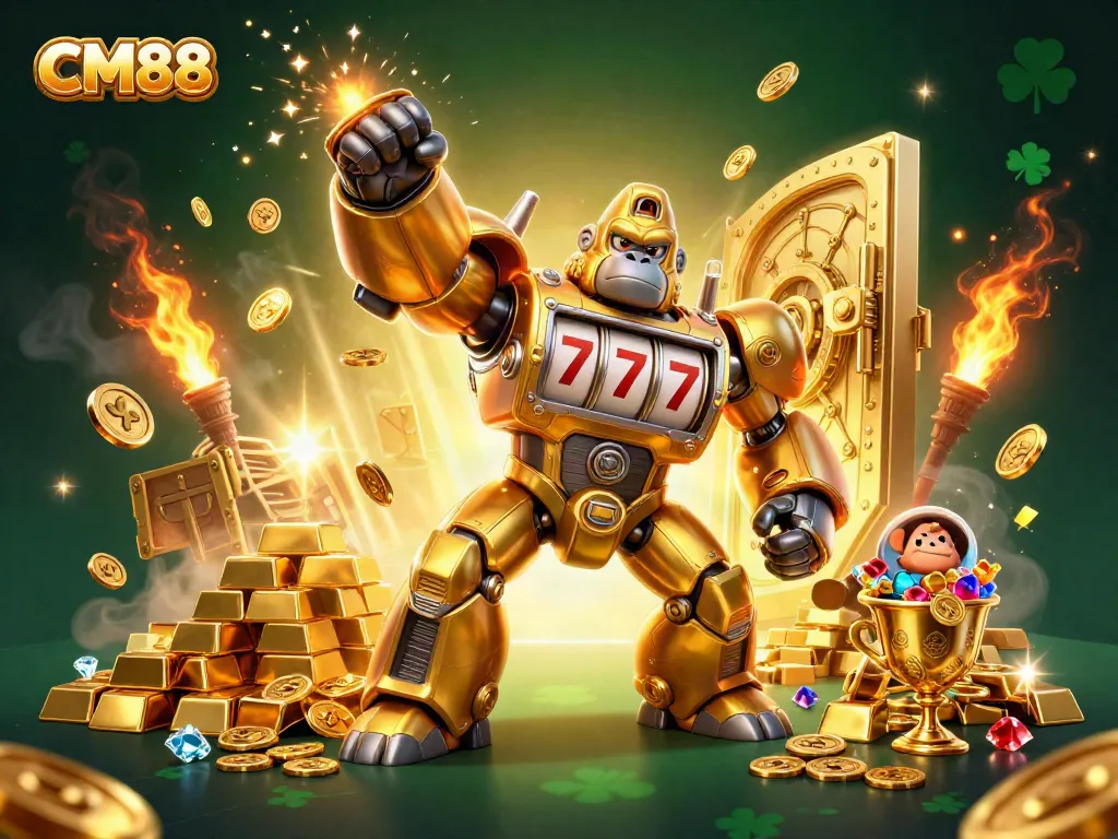 Experience thrilling CM88 gaming with our golden gorilla mech and slot machines bursting with treasures.
