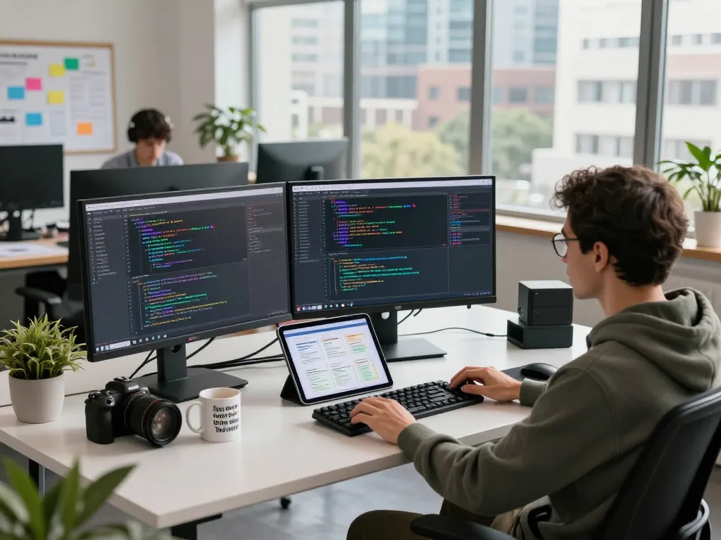 Engineer's workspace featuring hbet coding environment with monitors, gadgets, and city view.