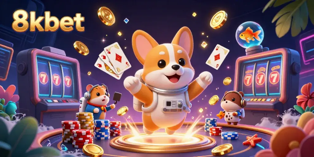 Experience excitement with 8xbet as a corgi astronaut navigates a vibrant casino in space.