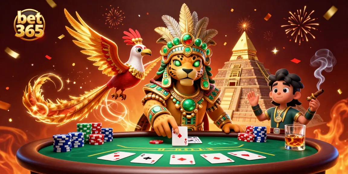 Engage with bet 365's thrilling poker experience featuring a Mayan jaguar priest and colorful poker elements