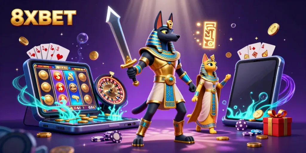 Engage in thrilling gameplay at 8XBET with Anubis and Bastet amidst exciting casino elements.