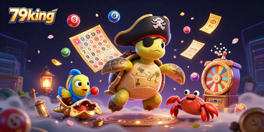 Engage with 79king's thrilling gaming universe featuring a 3D animated turtle and colorful lottery elements.