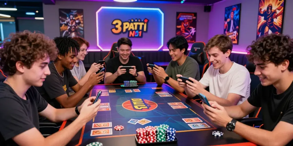 Friends enjoying an exciting game of 3 Patti no1 in a vibrant gaming lounge.