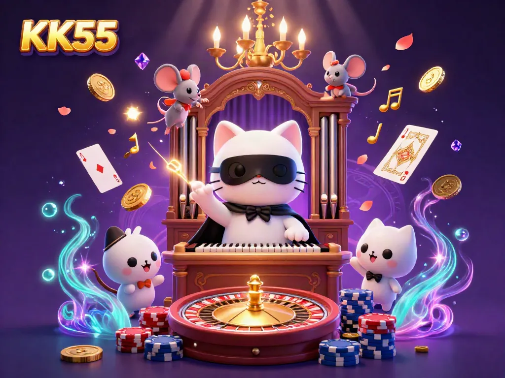 Experience KK55 magic with a whimsical scene featuring a masked cat playing organ, coins, and casino elements