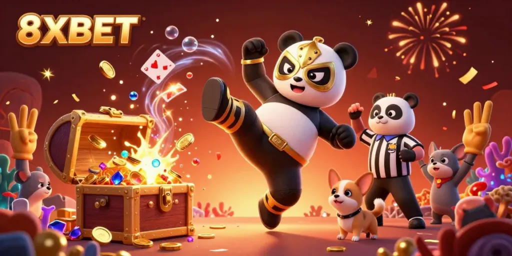 8XBET showcases an energetic panda wrestler and animal spectators, surrounded by casino elements in a vibrant 3D illustration.