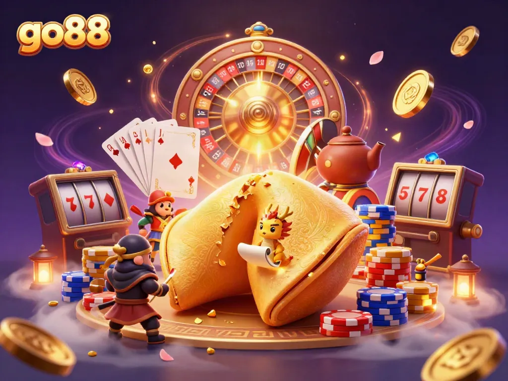 Experience exciting casino adventures with go88, a rich illustration depicting a golden fortune cookie and fortune dragon.