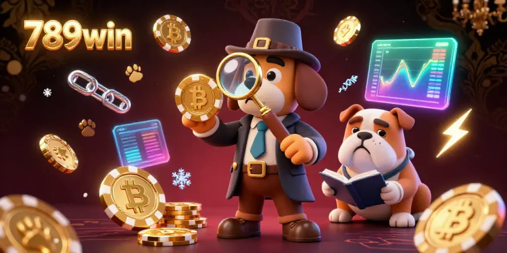 Join the fun with 789win, as a detective bloodhound investigates clues in a vibrant crypto casino scene.