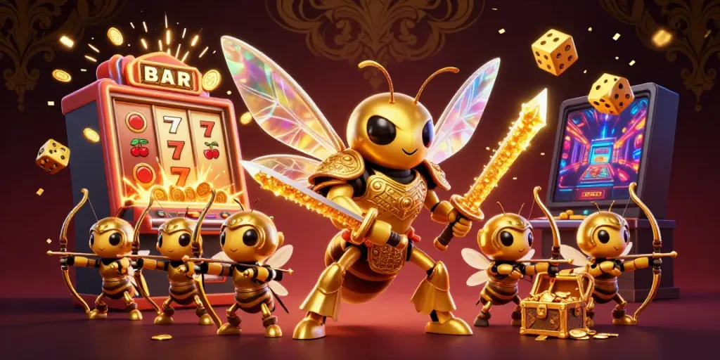 S8's vibrant casino experience with a giant hornet and bee archers amidst a slot machine jackpot.