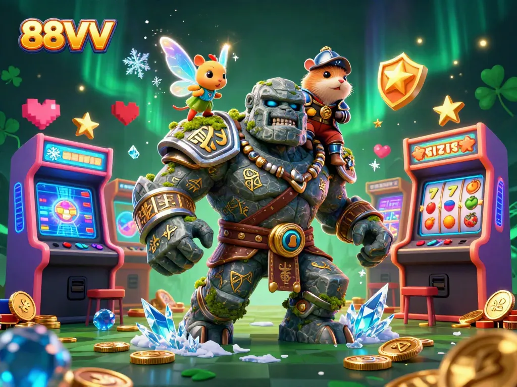 Immerse yourself in the vibrant world of 88VV with a playful stone golem and enchanting characters in a casino setup.